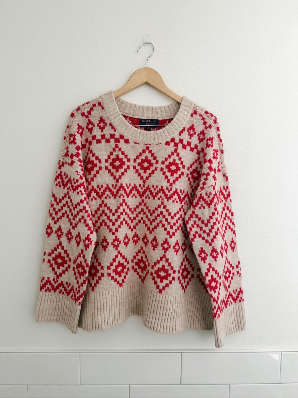 Beige and Red Fair Isle Crewneck Sweater